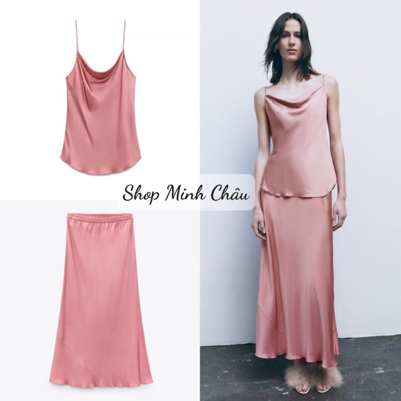 (Sẵn)Set váy midi lụa áo cổ đổ mầu hồng Zarraa