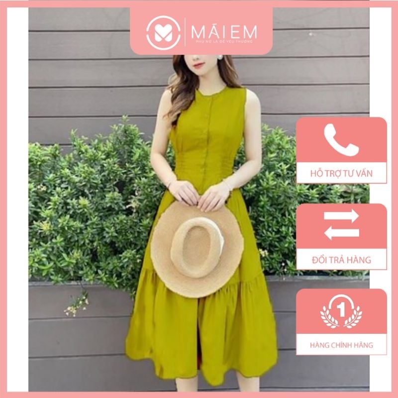 Đầm maxi chiết eo cổ tròn dáng xòe màu vàng chanh thời trang Mái Em_V7161