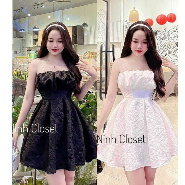 Đầm thời trang nữ phối cườm nhún ngực chất gấm dáng váy xoè midi đen trắng