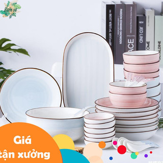 Bộ bát đĩa sứ 29 món hoa văn vân sóng xanh , hồng (hàng sẵn) - VS88