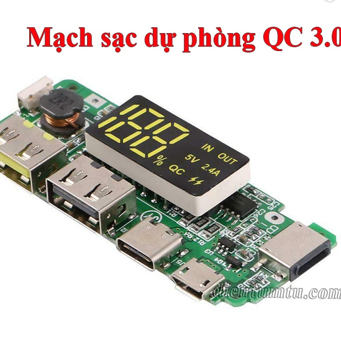 Mạch sạc dự phòng QC 3.0 - Mạch DIY chế sạc dự phòng từ pin 1S Li-ion - 18650 - Có LCD hiển thị, type-c, 5V2