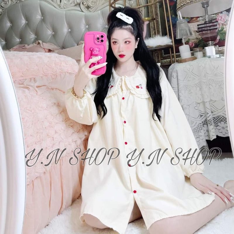 A49 Váy Babydoll Cổ Sen Bèo Thêu Hoa Tay Dài Tiểu Thư