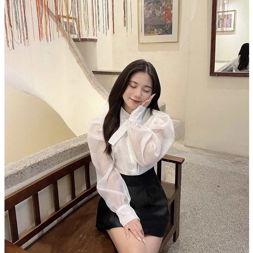 Áo sơ  mi cổ vát đính đá sang chảnh thanh lịch dễ mix hàng 2 lớp  / maybecloset
