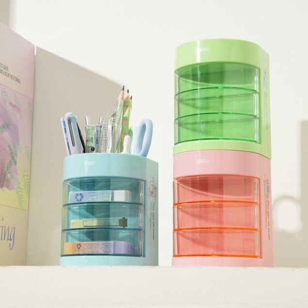[Sơn Tùng M-TP Collection] Hộp cắm bút văn phòng Deli Hộp đựng bút 3 ngăn để bàn cao cấp màu pastel