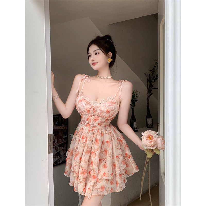 ĐẦM BBD HOA CỔ VUÔNG NƠ LƯNG XANH