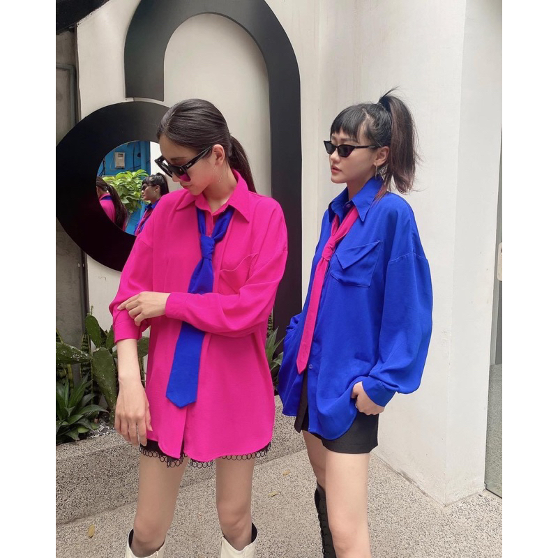 Áo sơ mi hồng neon kèm cà vạt xanh coban hàng thiết kế cao cấp siêu đẹp