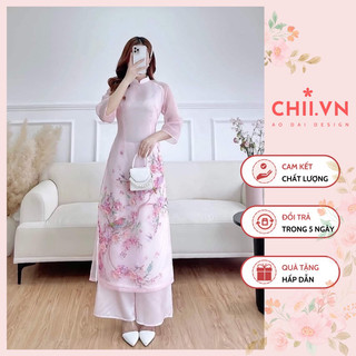 Áo Dài Cách Tân Đính Hoa Nổi Kết Hạt Thủ Công, Áo Dài Tơ Organza 4 Tà Hoạ Tiết Hoa Đào Màu Hồng Đẹp Hàng Cao Cấp