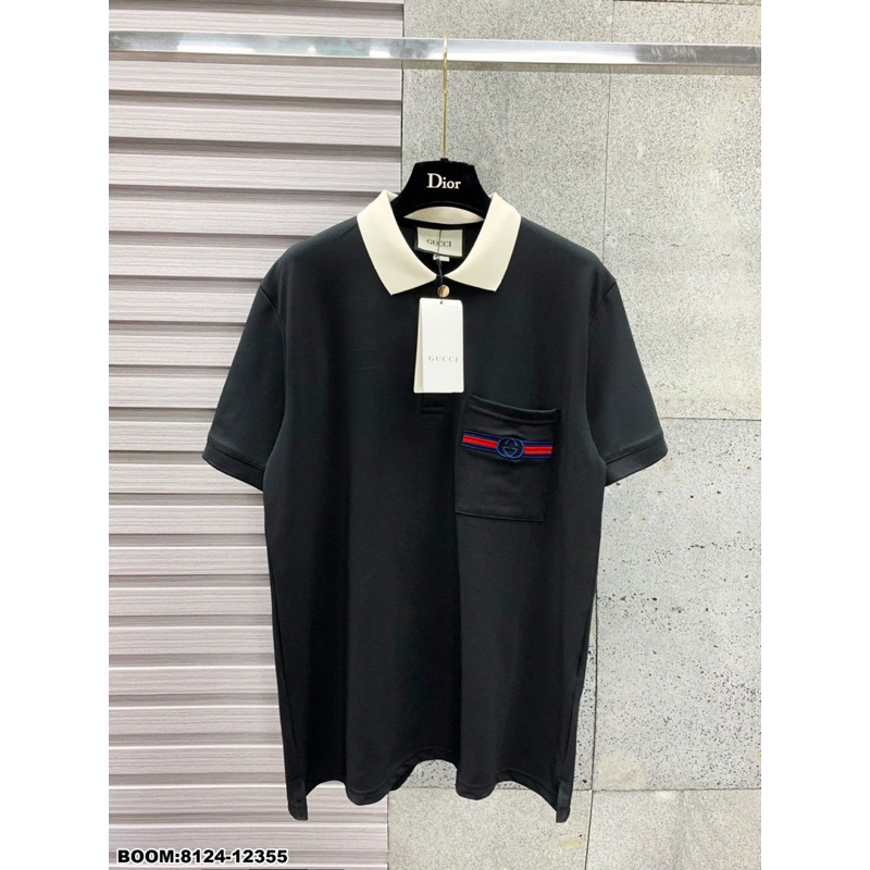 Áo polo nam hoạ tiết túi ngực hot hit cổ xanh kem