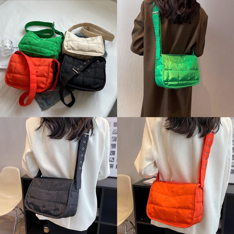 Túi xách đeo chéo vải nylon chân bông phao phong cách unisex có kéo khoá, có ảnh thật