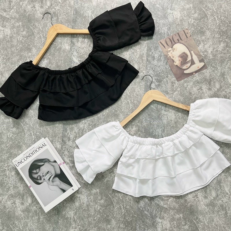 Áo bẹt vai tầng siêu cưng, Áo croptop trễ vai tay phồng 2 lớp nhún lưng ôm dáng bánh bèo 💕💕💕S999