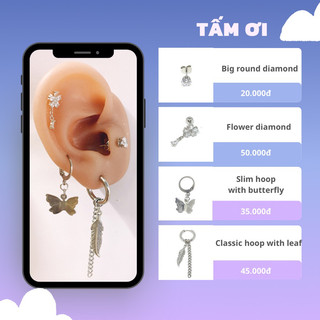 Khuyên xỏ hoa đá, đá tròn, chuỗi lá bằng thép y tế không gỉ