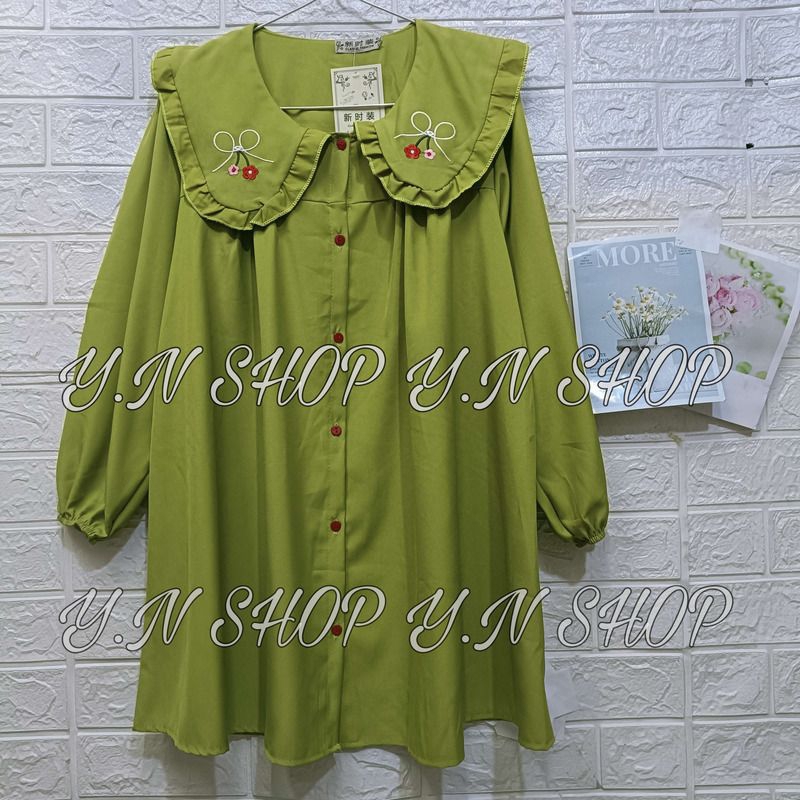 A49 Váy Babydoll Cổ Sen Bèo Thêu Hoa Tay Dài Tiểu Thư
