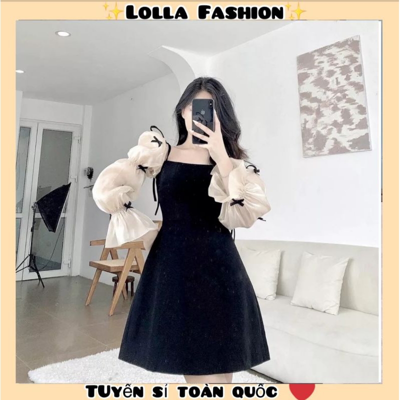 : Váy Nhung Tay Pha Tơ Tay Dài Đính Nơ Chất Dày Dặn [LOLLA_YE_FASHION]