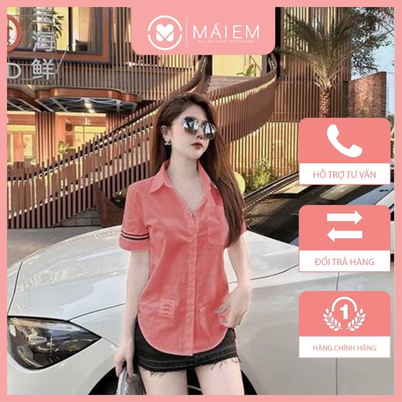 Áo sơ mi nữ cộc tay vạt bầu màu hồng tay kẻ ngang thời trang trẻ trung_A3033