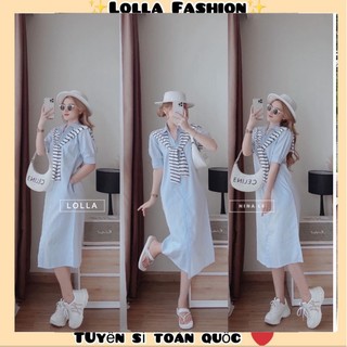 ( Ảnh thật): Váy sơ mi xanh dáng suông phối khăn kẻ Vingtae LOLLA FASHION