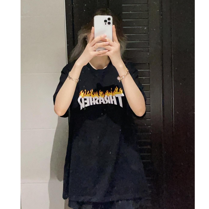 Áo Thun Cotton Vải Dày Thrasher Thời Trang Cho Nam Nữ Form Rộng