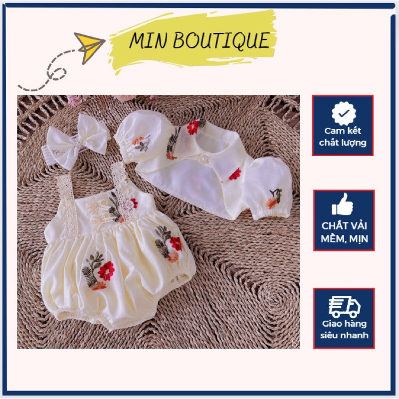 Set body Bé Gái Sơ Sinh MIN BOUTIQUE kèm áo khoác và turban. Đầm Đầy Tháng, Thôi Nôi Cho Bé Gái từ 0 đến 12 Tháng