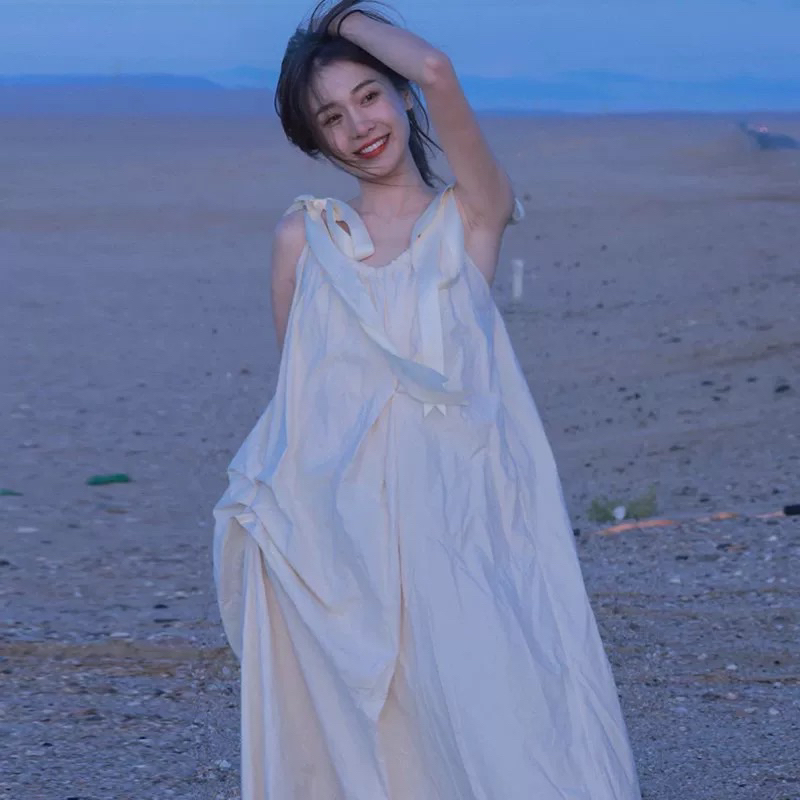 Đầm Nữ 2 Dây Lụa Bản To Buộc Nơ TIBU Váy Nữ Babydoll Trơn Dáng Dài Maxi Đi Chơi Biển Chụp Kỷ Yếu
