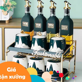 [XẢ KHO] Bộ kệ gia vị bếp Fashionable, kệ gia vị sứ, thủy tinh bằng inox mạ vàng cao cấp - VS111