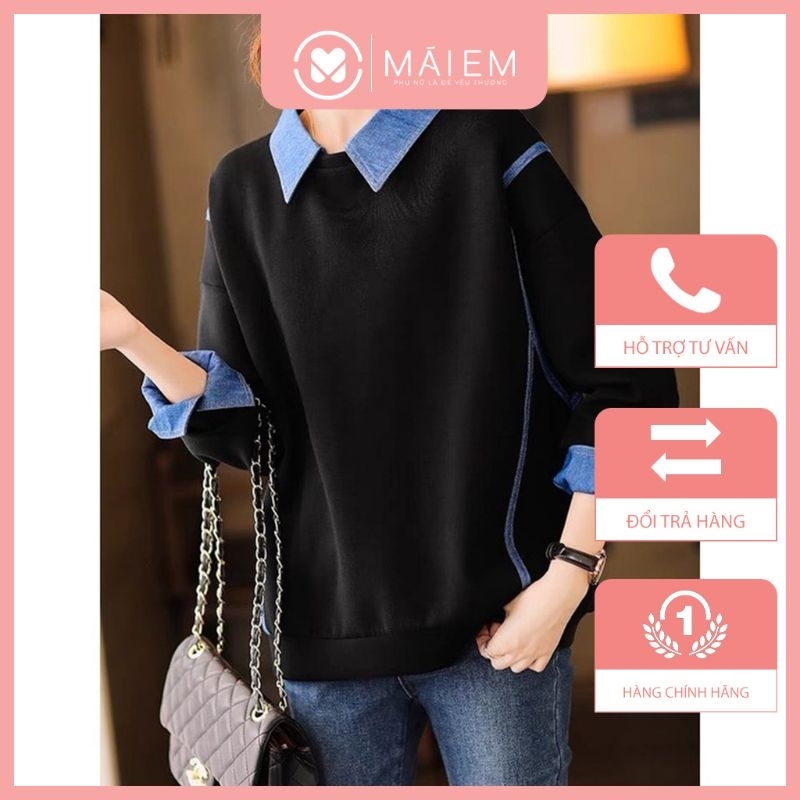 Áo nỉ Hàn nữa phối cổ sơ mi chất jean sang chảnh_A9034