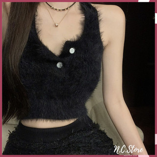Áo len lông thỏ croptop kiểu yếm có cúc