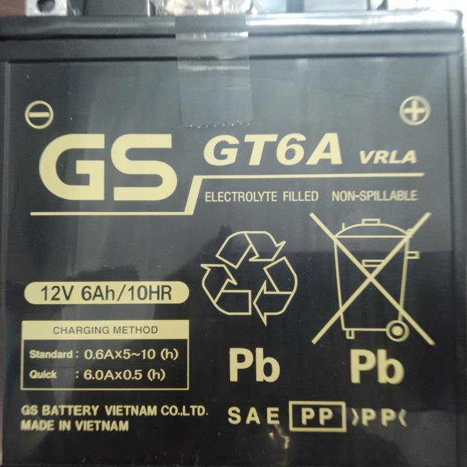 Ắc quy GS GT6A - 12V 6Ah dùng cho xe Wave, Future từ trước năm 2008, Sirius, Jupiter trước năm 2010
