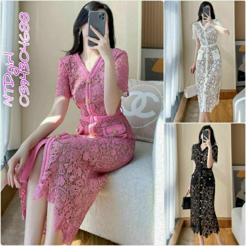Hàng nhập - Đầm dáng ôm ren hoa cài nút trước, váy body dự tiệc 2 túi trước độc đáo