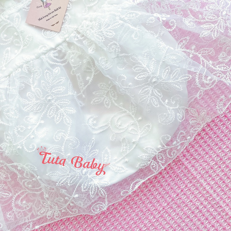 Bodysuit Cho Bé Gái Vải Ren Trắng Phối Tay Lụa Tơ, Body Bé Gái Tặng Kèm Turban Mặc Đầy Tháng, Đi Chơi, Đi Tiệc