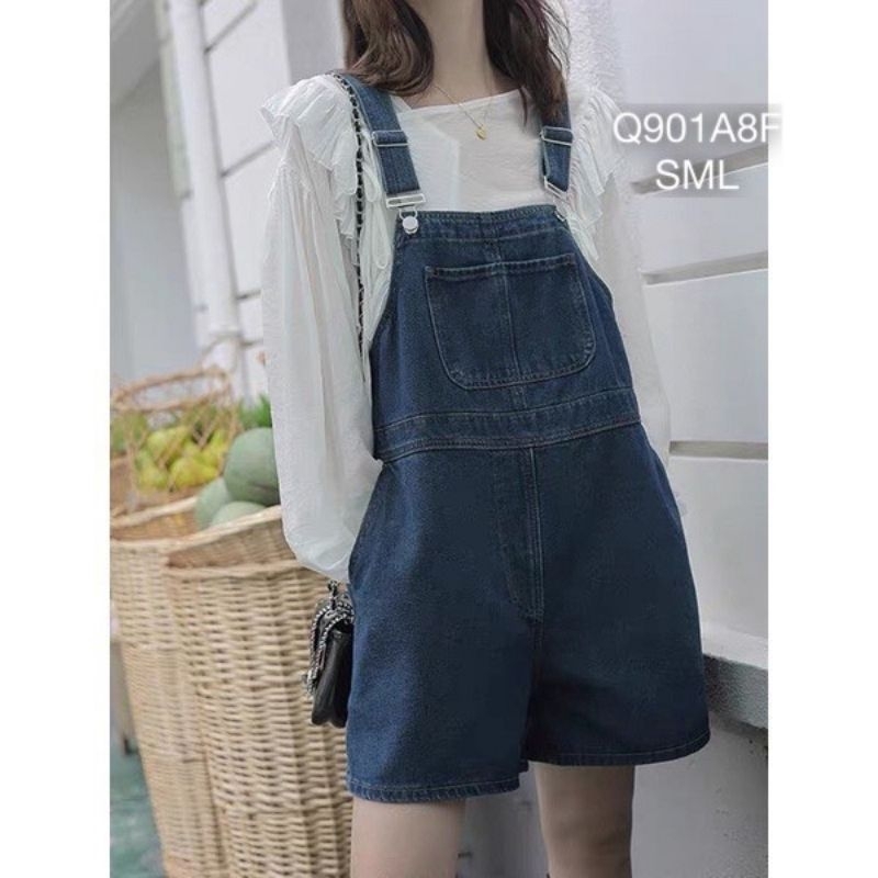 Yếm Jeans Đùi Ống Rộng Không Co Dãn Y9012 ,Quần Short Bò Baggy Ngố Phối Dây Yếm Phong Cách Năng Động Màu Xanh Đậm