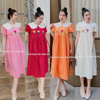 Đầm Babydoll Dáng Dài Đính Bông & Hoa Nổi Lưng Cột Nơ A12
