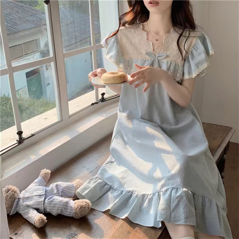 Váy thô mềm cổ ren đính nơ tay bồng cực xinh