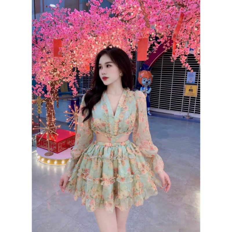 Váy hoa tay dài cúp ngực voan tơ sang chảnh ( có lót quần )