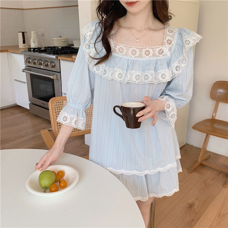 Bộ ngủ thô mềm phối ren tiểu thư mặc nhà