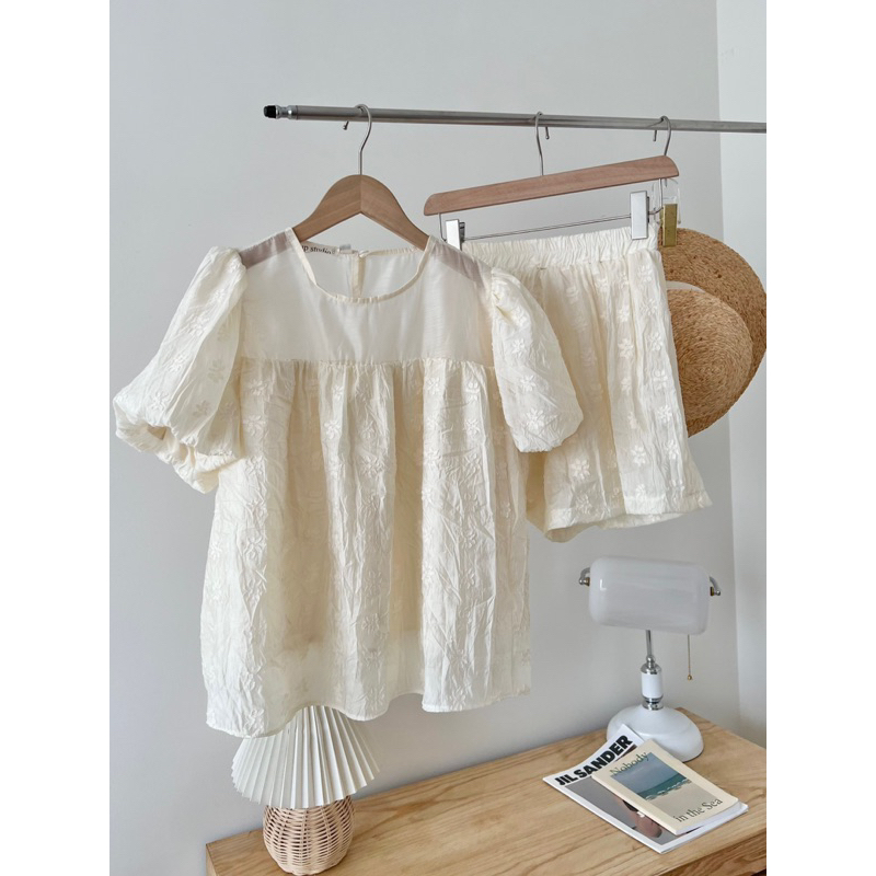 SET HOA TƠ NỔI ÁO BABYDOLL TAY BỒNG QUẦN ĐÙI CHẤT TƠ CAO CẤP HÀNG THIẾT KẾ 2 LỚP XỊN.