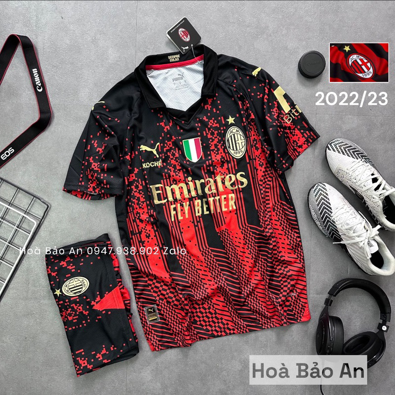 Áo Bóng ĐÁ AC Milan sọc đỏ đen sân nhà 2022-2023 - Vải thái Chuẩn áo thi đấu