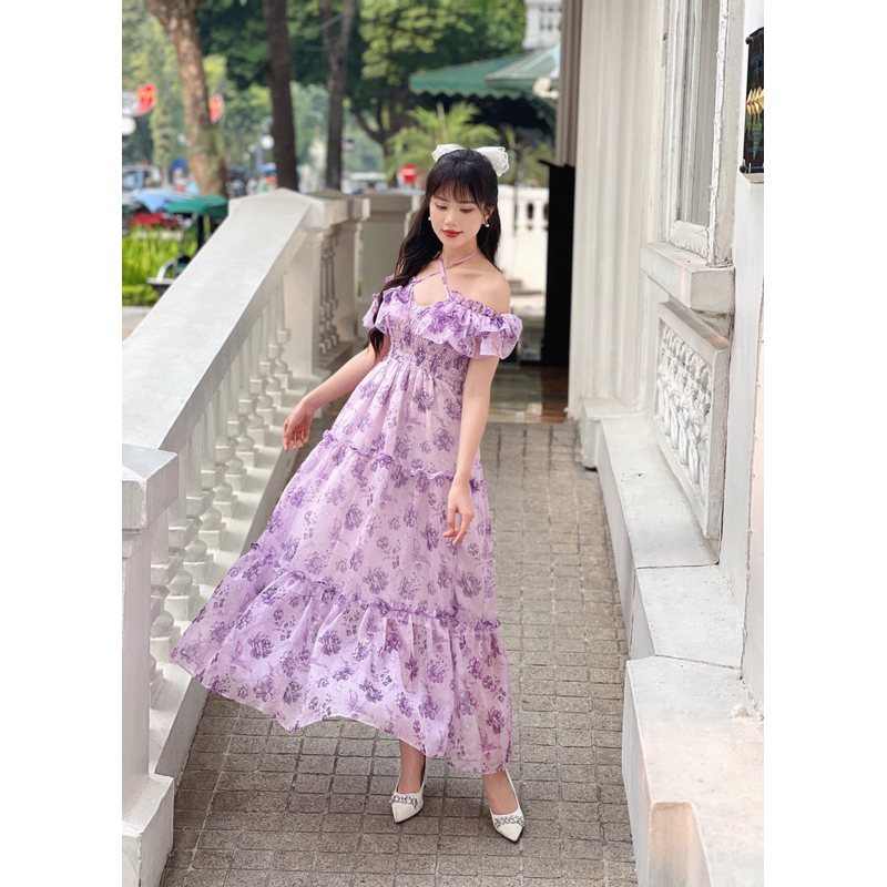 Váy maxi tơ hoa trễ vai, hàng thiết kế  - V024