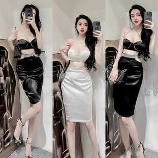sét áo croptop cúp ngực kết đá chân váy cut eo