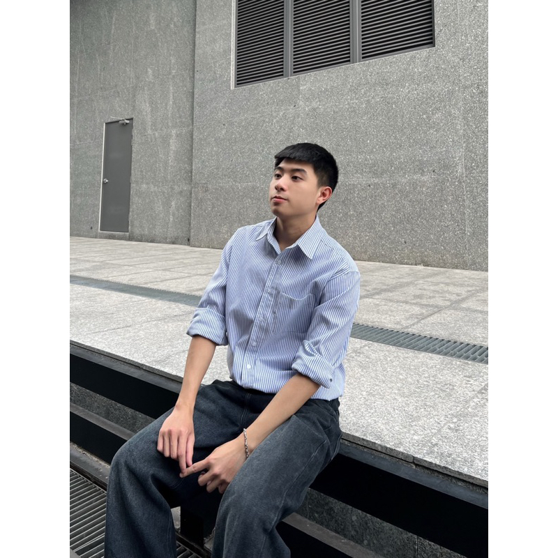 Áo sơ mi dài tay Robus chất Oxford sọc xanh trắng Striped shirt