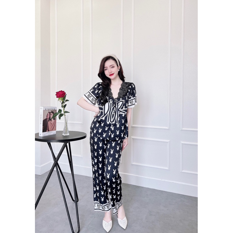 SP_01 Đồ bộ pijama BOLOBALA lụa latin áo tay ngắn quần dài phối ren viền cổ, cột nơ xinh xắn