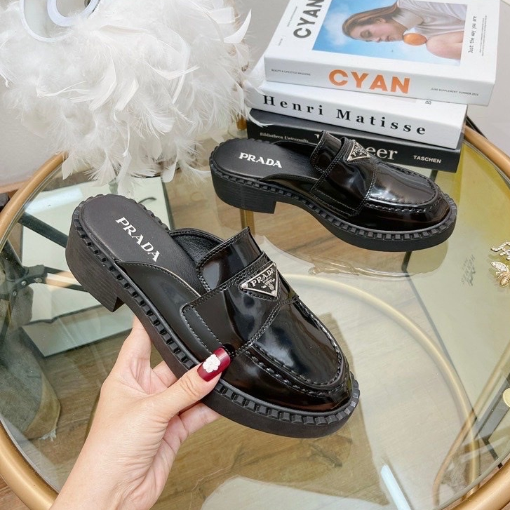Giày Sục Prada Nữ Da Bóng Thời Trang Đế Cao 5cm