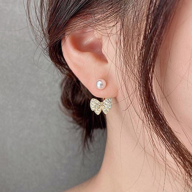 【coffeemate】⚡ Khuyên tai mạ bạc 925 hình nơ phối ngọc trai nhân tạo đơn giản phong cách Hàn Quốc bông tai nữ