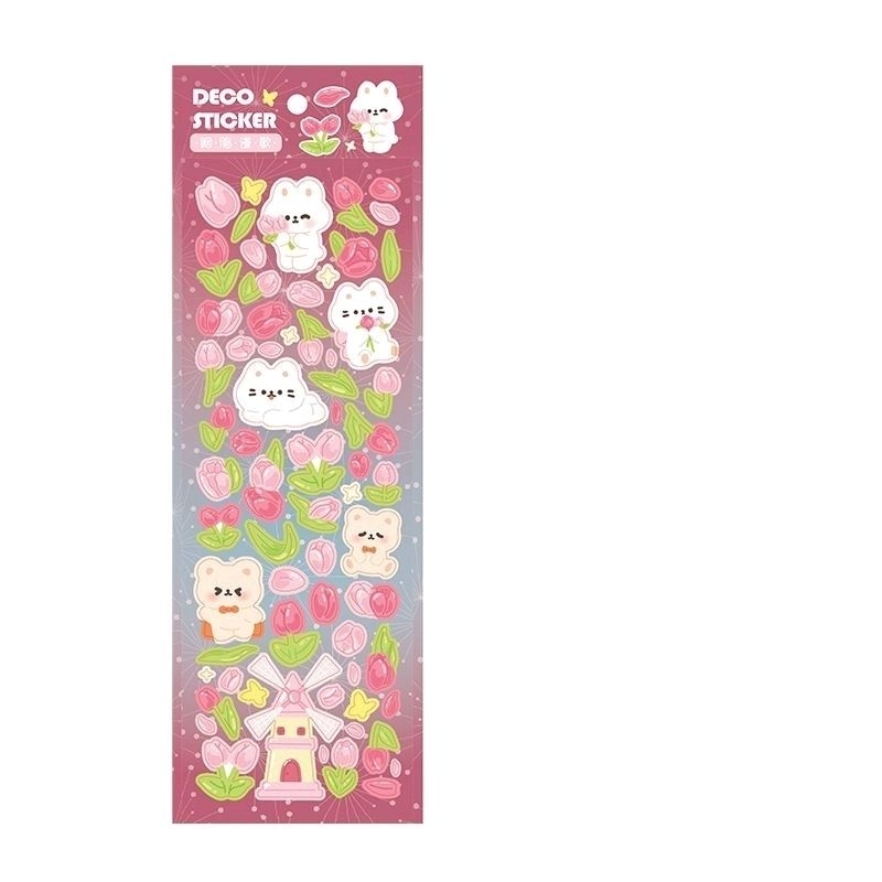 Set 2 tấm hình dán sticker chủ đề gấu thỏ mèo và hoa siêu bling lấp lánh