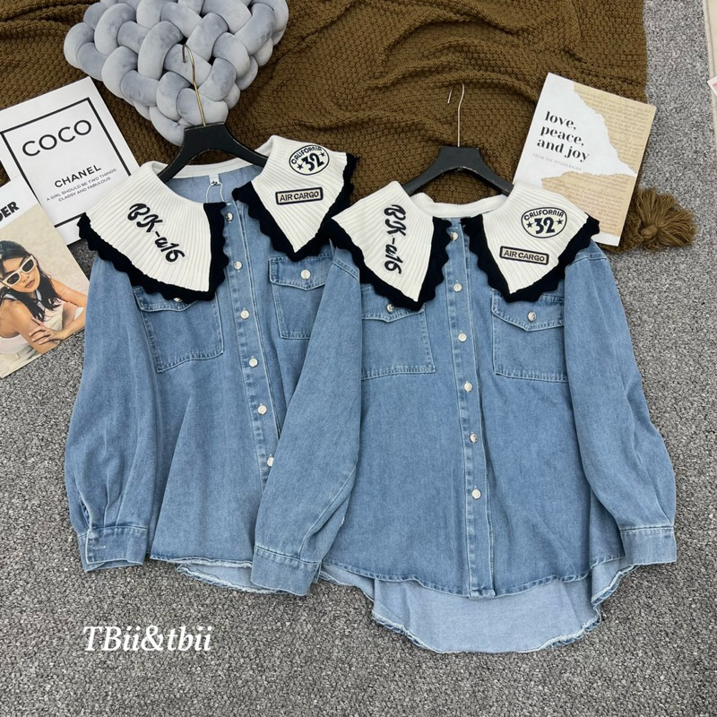 Áo sơ mi bò cổ ren siêu hot Bầu Bé