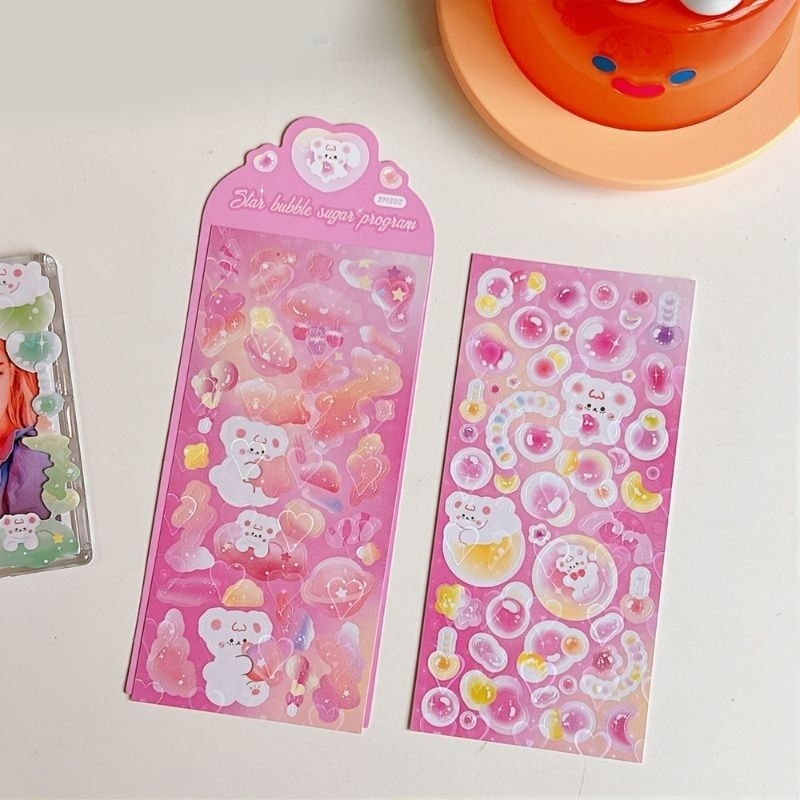 Set 2 tấm hình dán sticker gấu bong bóng bubble bling lấp lánh decor toploader, DIY