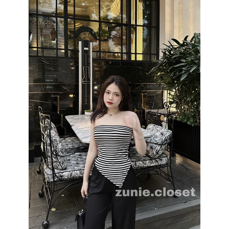 Set Bộ Áo Kẻ Cúp Ngực Vạt Chéo