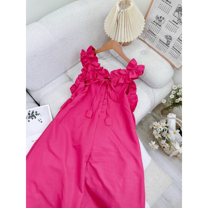 Đầm maxi hai dây bèo dáng suông xoè nút sau