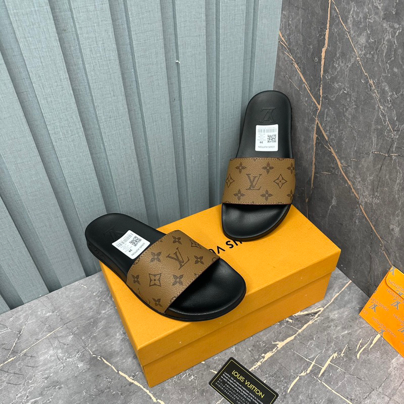 Dép lê nam LV quai da 3 bản màu truyền thống