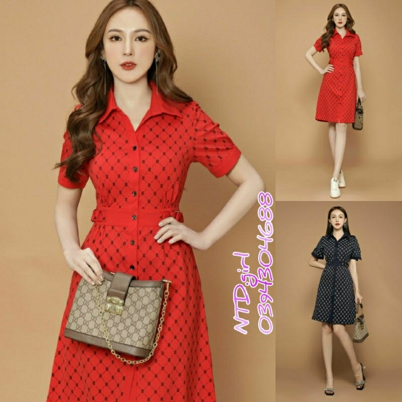 Hàng nhập - Đầm dáng suông ôm nhẹ thun cotton cổ sơ mi, váy xuông cài nút trước họa tiết caro