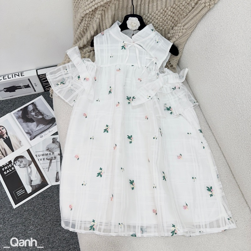 Váy Kính Hoa Thêu Hai Lớp Nơ Tay Mã QA0228