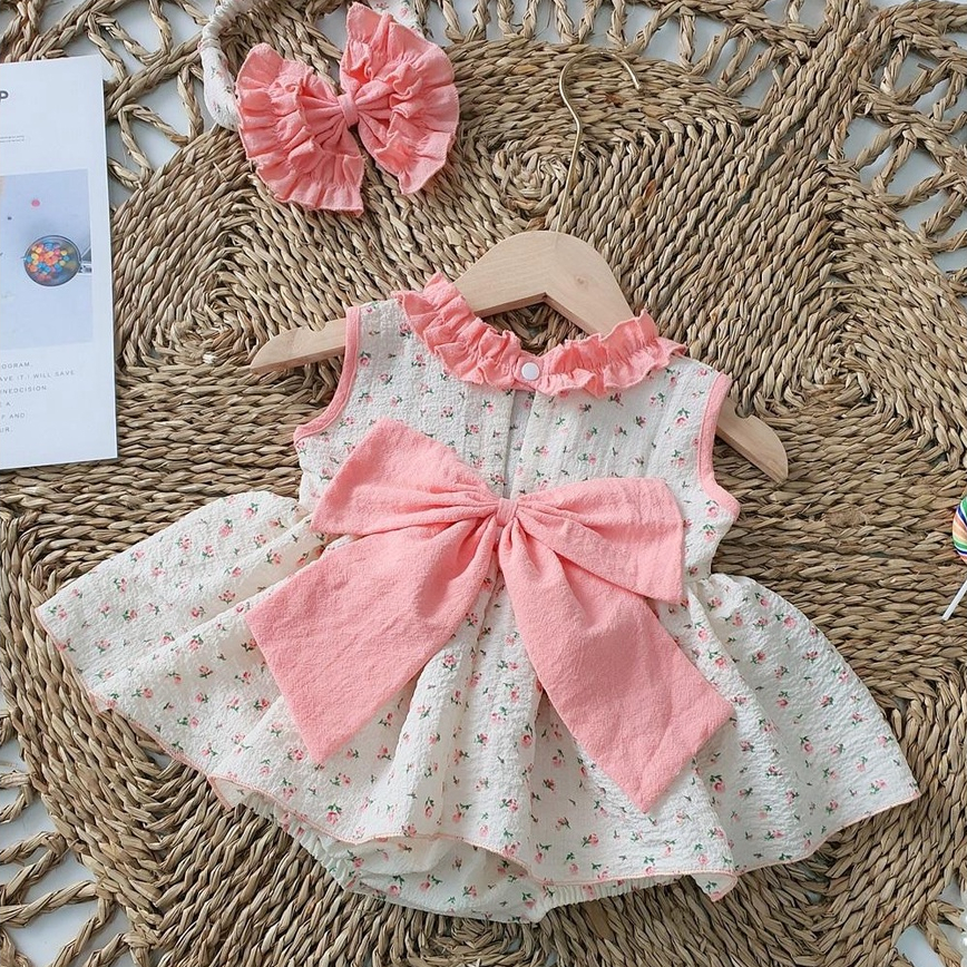 Set body váy bé gái cổ bèo kèm nơ MINTSCLOSET Mint's Closet váy hồng nơ lưng (tháo rời) bé sơ sinh 1 2 3 tuổi - BV7049